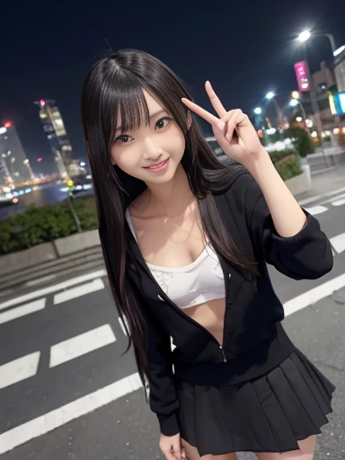 Japanese female, a lot of details, (underweight), 30 years old, detailed black hair, beautiful detailed hair, super fucking beautiful, delicate beautiful face, complex details beautiful and delicate eyes, perfect hands, (flat chest best quality:1.5), perfect and delicate limbs, detailed skin, best quality, ultra-detailed,(cheerful grin:1.5),
city, car, mech, legs spread, making a V sign, long hair, skirt, hoodie, japanese, in the city, at midnight, cyberpunk, dark atmosphere, full body shot, front view, low angle shot