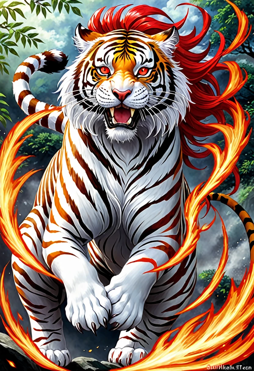 a painting of to tiger with red hair and a white tigre with red eyes, an airbrush painting by Li Kan, pixiv, fantasy art, tigre_beast, tigre of fire flying, sacred tigre, fire Lion, white tigre, ((tigre)), anthropomorphic tigre, sakimi, Nine Tails, Beautiful art, to tiger, cosmic tigre, tigre