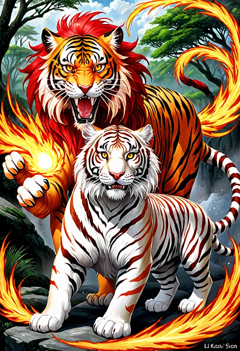 a painting of to tiger with red hair and a white tigre with red eyes, an airbrush painting by Li Kan, pixiv, fantasy art, tigre_beast, tigre of fire flying, sacred tigre, fire Lion, white tigre, ((tigre)), anthropomorphic tigre, sakimi, Nine Tails, Beautiful art, to tiger, cosmic tigre, tigre