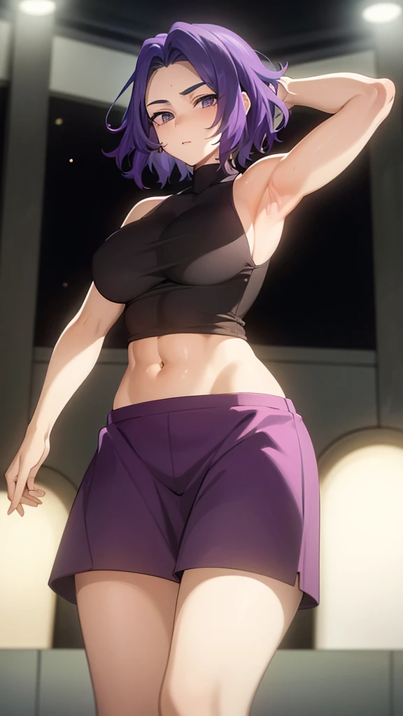 masterpiece)),((Highest quality)),High resolution,Perfect lighting,、One Woman, Adult women、alone、short hair、Looking into the camera、Very large breasts、Purple Hair、Show your armpits、Raise your arms、Tank top、Black sportswear、Show your belly