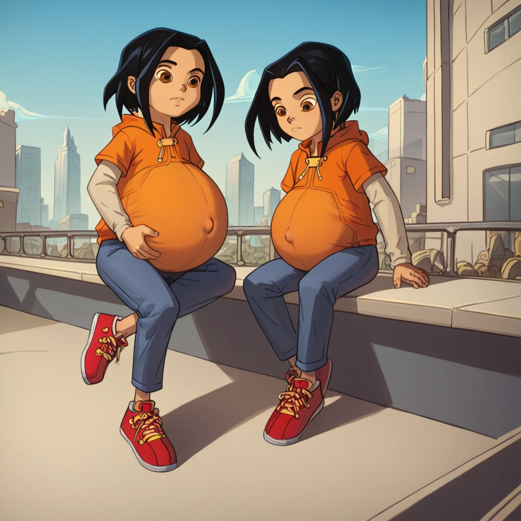 score_9, score_8_up, score_7_up, semirealistic girl sitting on bridge, , jadechan, short black hair, solo, brown eyes, wind, 1girl, orange hoodie, long white sleeves, blue pants, sneakers, city in the background, clear sky, hyper-pregnant, short stature, elementary school student 