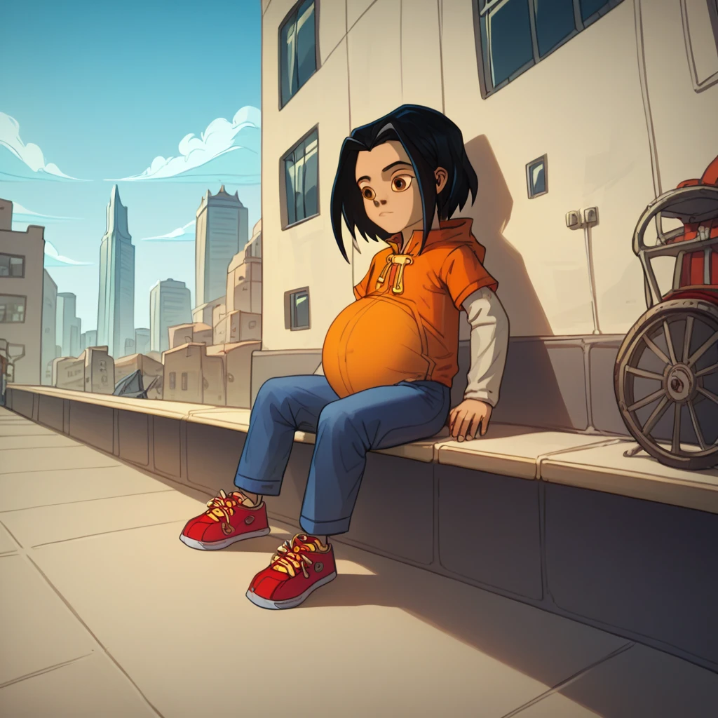 score_9, score_8_up, score_7_up, semirealistic girl sitting on bridge, , jadechan, short black hair, solo, brown eyes, wind, 1girl, orange hoodie, long white sleeves, blue pants, sneakers, city in the background, clear sky, hyper-pregnant, short stature, elementary school student 