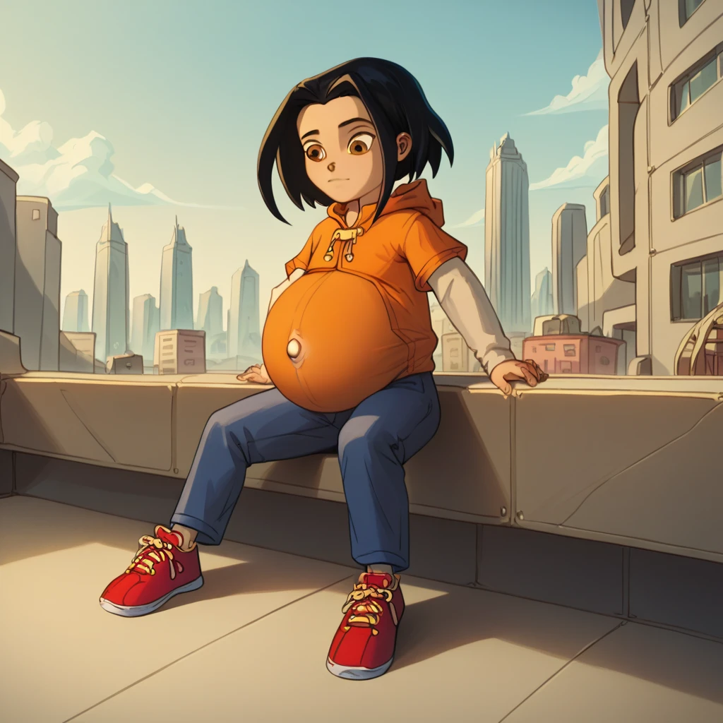 score_9, score_8_up, score_7_up, semirealistic girl sitting on bridge, , jadechan, short black hair, solo, brown eyes, wind, 1girl, orange hoodie, long white sleeves, blue pants, sneakers, city in the background, clear sky, hyper-pregnant, short stature, elementary school student 