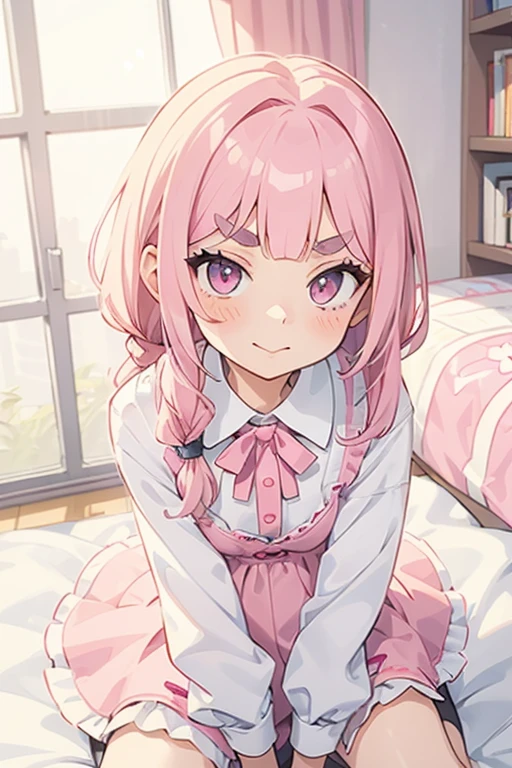 Girl with pink hair, long double-tailed hairstyle, ((small pink bushy eyebrows)), dressed in lolita clothes, marked vagina, lolicon (Zankuro) drawing style by zankuro artist, ザンクロー style, image uploaded to R34, looking to the camera with a flirtatious face, modeling underwear in his room, male pov