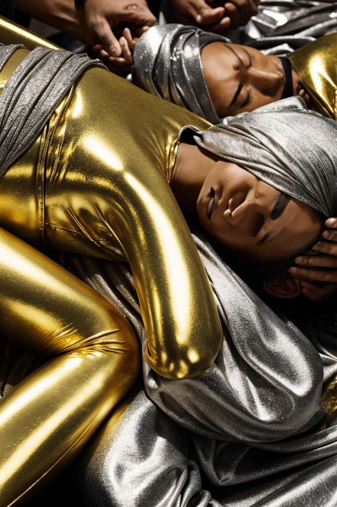 Creates a crowd of people covered in gold and silver with an expression of fatigue and confusion