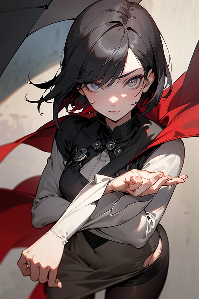 ruby rose, ruby rose, short hair, black hair, redhead, (gray eyes:1.5), break dress, pantyhose, cape, break looking at viewer, break outdoors, break (masterpiece:1.2), highest quality, High resolution, unity 8k wallpaper, (figure:0.8), (detailed and beautiful eyes:1.6), highly detailed face, perfect lighting, Very detailed CG, (perfect hands, perfect anatomy),
