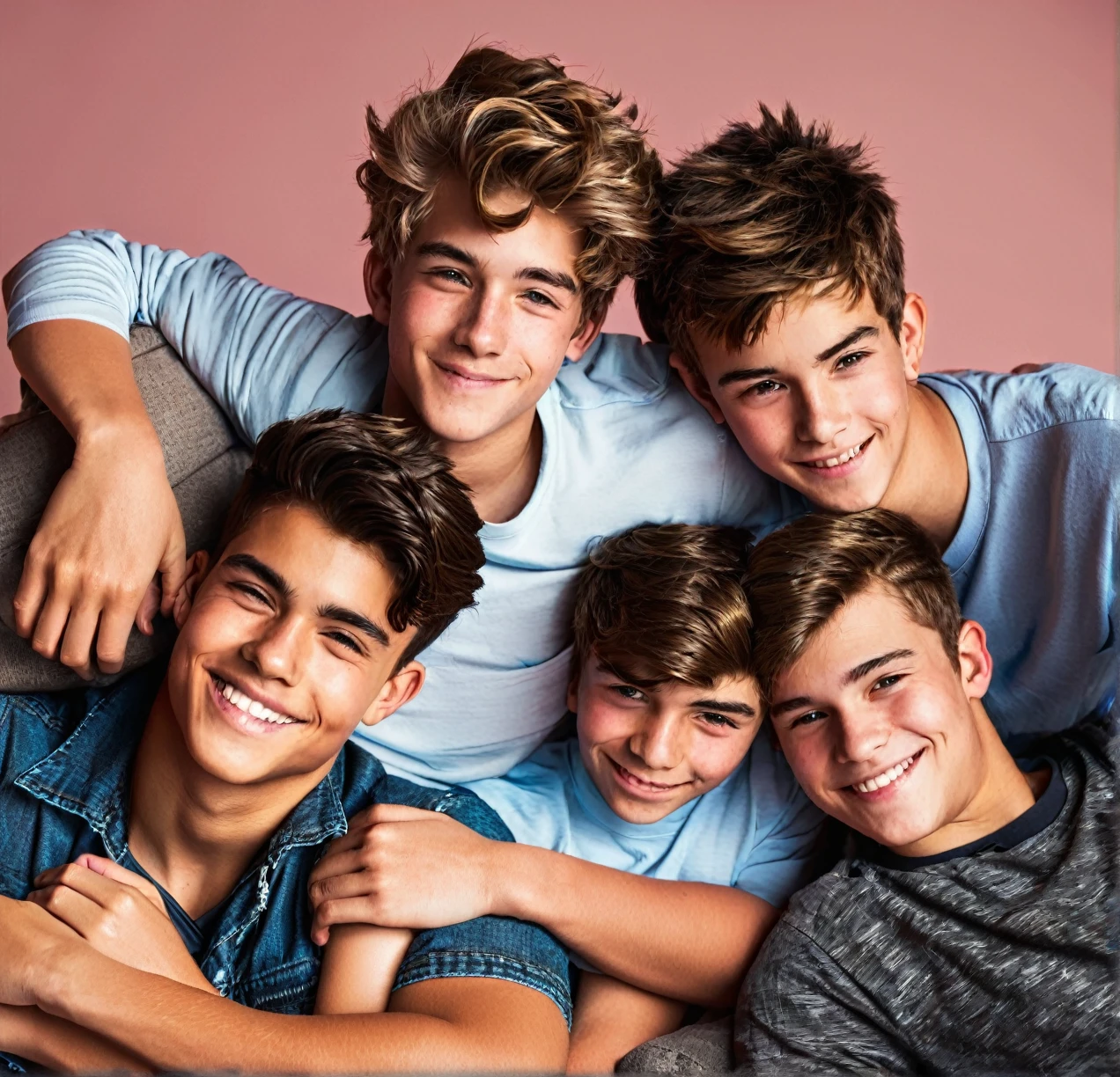 3 different cute male teenagers cuddling together