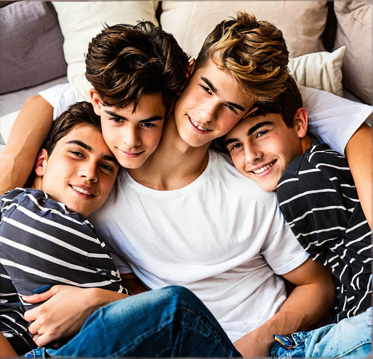 3 different cute male agers cuddling together
