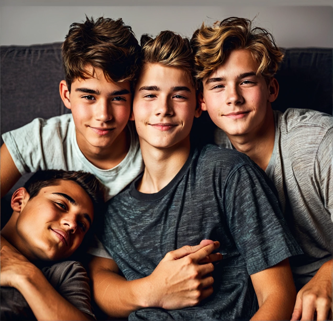 3 different cute male agers cuddling together