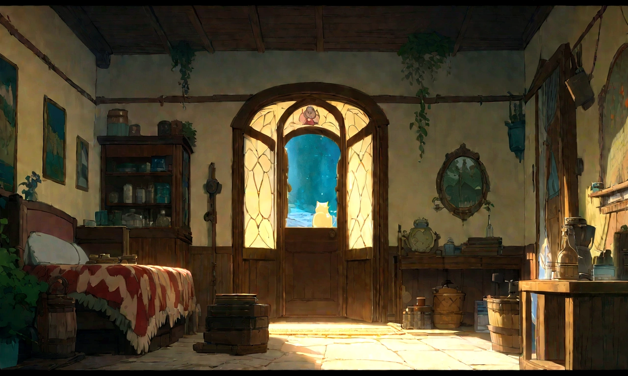 Studio Ghibli-style anime movies, Movie stills, Highest quality, masterpiece, Representative works, Official Art, Professional, Super intricate details, 8K,There is a cat、relax、Inside the room