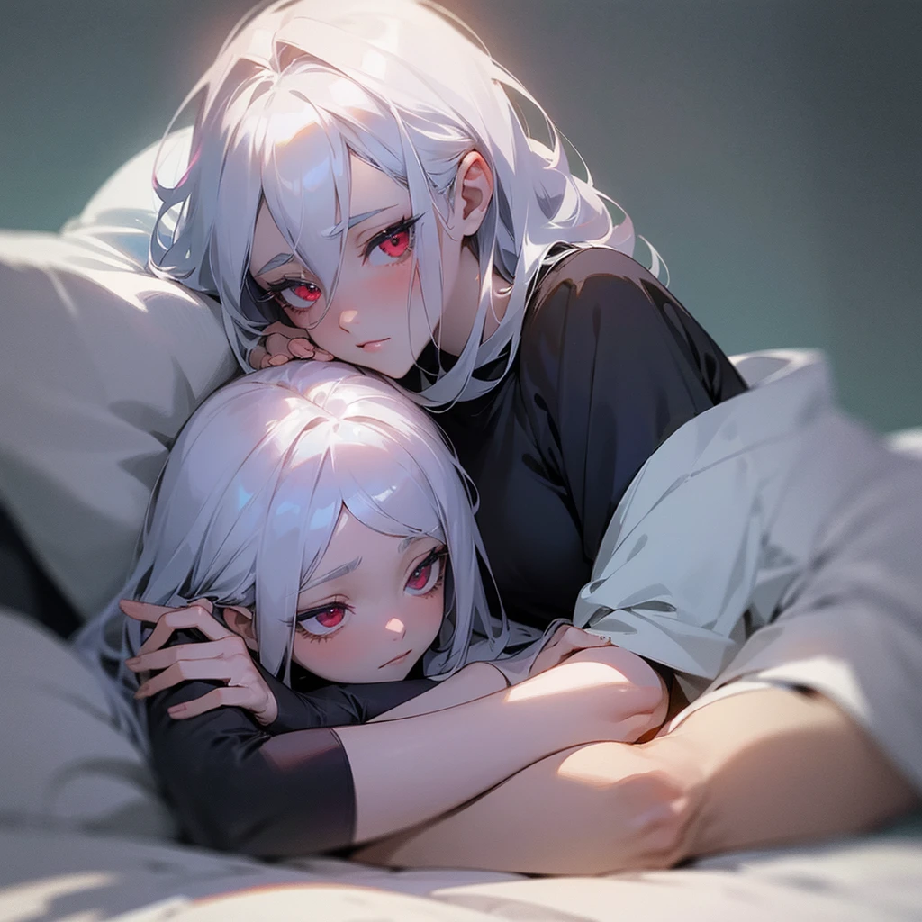 your character, belonging to the Boku no Hero universe, is lying on a soft surface, probably a bed or a sofa, with a posture that denotes tranquility and a pinch of melancholy. His body is slightly tilted to his left side, allowing her long silver hair to spread in soft waves around her head. Soft, violet lighting bathes the scene, highlighting the pale tone of her skin and creating an ethereal contrast with her silver hair.His intense red eyes are half closed, with a distant, thoughtful look that suggests she is deep in thought. Her long eyelashes cast delicate shadows on her cheeks.. She rests her head on her left arm., which is bent at a comfortable angle under your head, serving as a kind of makeshift pillow. His left hand is relaxed, fingers slightly curved.Your character&#39;s right hand is extended forward, resting gently on the surface it is on. His fingers are slightly apart, as if she was delicately touching something invisible in front of her. Violet light creates a soft glow around your figure, highlighting the details of her serene face and the locks of her hair.His facial expression is serene, with a slight sadness that adds depth to its ethereal beauty. The violet highlights in her hair and skin give her an almost supernatural air., as if it belonged to a world between reality and fantasy. The stillness of the scene conveys a feeling of peace and reflection, inviting the viewer to immerse themselves in the thoughts and emotions of your character.