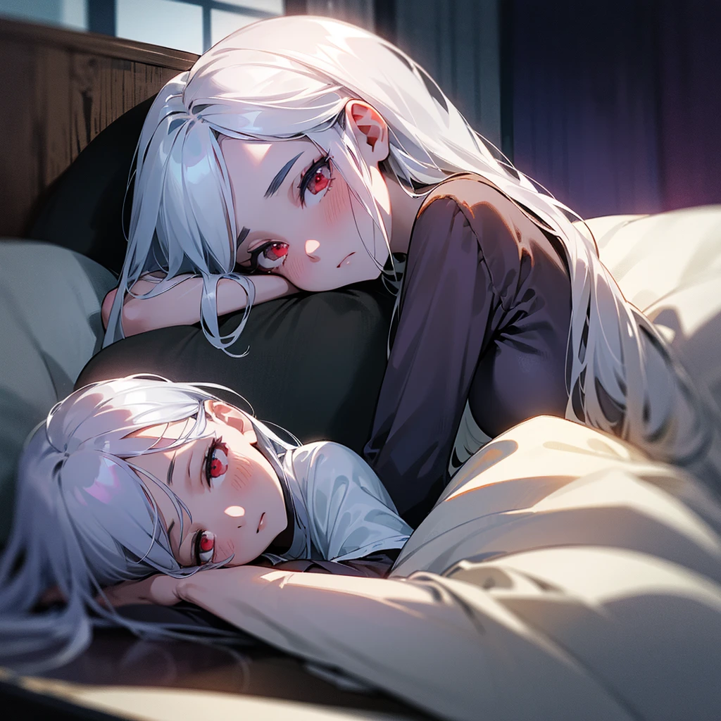 your character, belonging to the Boku no Hero universe, is lying on a soft surface, probably a bed or a sofa, with a posture that denotes tranquility and a pinch of melancholy. His body is slightly tilted to his left side, allowing her long silver hair to spread in soft waves around her head. Soft, violet lighting bathes the scene, highlighting the pale tone of her skin and creating an ethereal contrast with her silver hair.His intense red eyes are half closed, with a distant, thoughtful look that suggests she is deep in thought. Her long eyelashes cast delicate shadows on her cheeks.. She rests her head on her left arm., which is bent at a comfortable angle under your head, serving as a kind of makeshift pillow. His left hand is relaxed, fingers slightly curved.Your character&#39;s right hand is extended forward, resting gently on the surface it is on. His fingers are slightly apart, as if she was delicately touching something invisible in front of her. Violet light creates a soft glow around your figure, highlighting the details of her serene face and the locks of her hair.His facial expression is serene, with a slight sadness that adds depth to its ethereal beauty. The violet highlights in her hair and skin give her an almost supernatural air., as if it belonged to a world between reality and fantasy. The stillness of the scene conveys a feeling of peace and reflection, inviting the viewer to immerse themselves in the thoughts and emotions of your character.