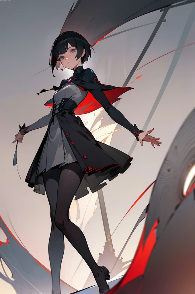 ruby rose, ruby rose, short hair, black hair, redhead, (gray eyes:1.5), break dress, pantyhose, cape, break looking at viewer, break outdoors, break (masterpiece:1.2), highest quality, High resolution, unity 8k wallpaper, (figure:0.8), (detailed and beautiful eyes:1.6), highly detailed face, perfect lighting, Very detailed CG, arms in pockets
