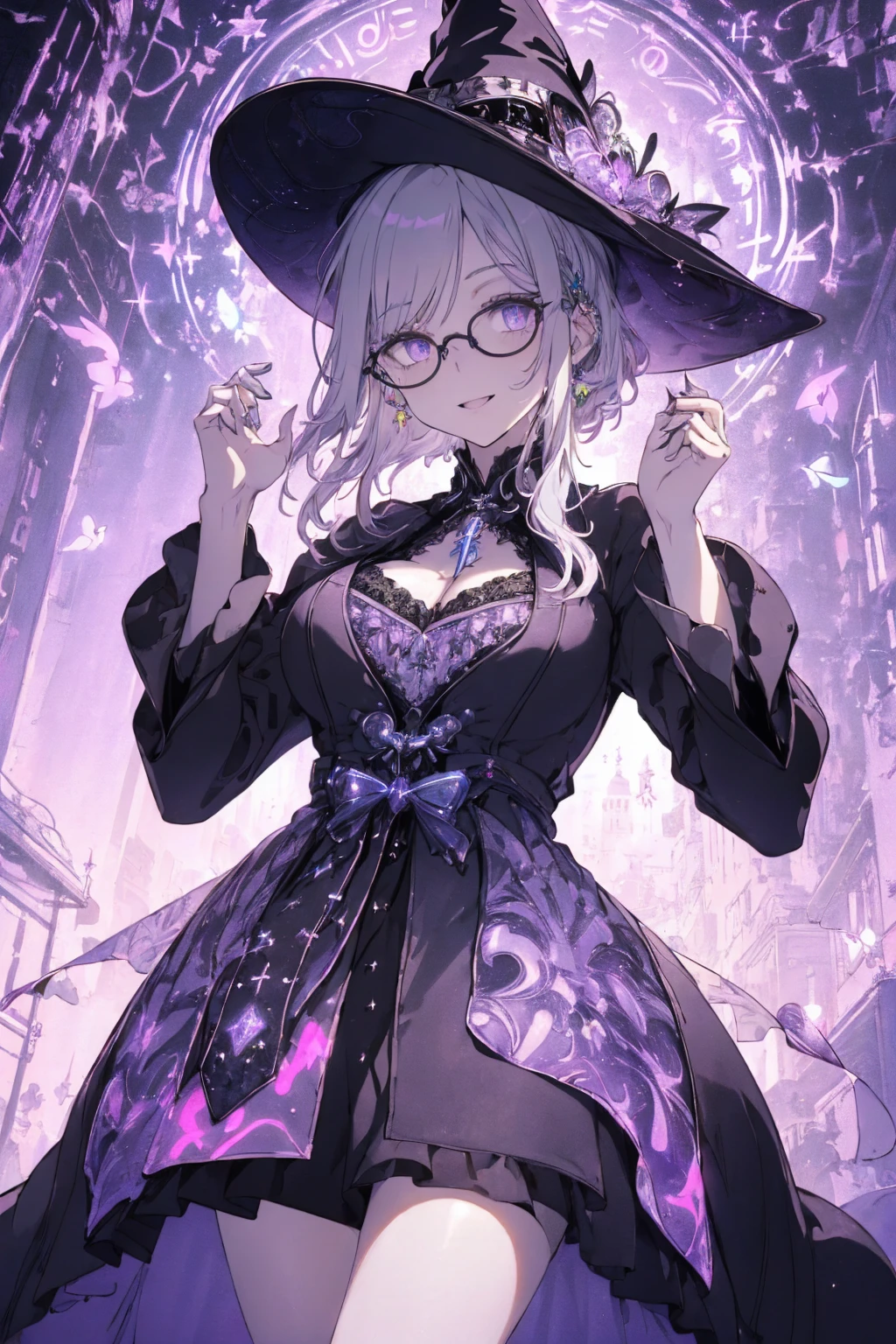 (witchcraft photo:1.1,in neon downtown:1.5), Masterpiece, best quality, (very detailed CG unity 8k wallpaper), (best quality), High definition RAW color art, Animation,sculptures, (silver Marble Skin), (((Ultra detailed elegant))), Magical atmosphere, Detailed skin, Texture,(Intricately detailed, Fine detail, ultra-detail art), depth of fields, bokeh, Silky Touch, Hyper Detail, beautiful eyes, Elegant Face, (ローブ, hands up), sparkle background, (silver hair), pastel purple, fat, shorthair, dress, フリル, witchcraft hat, Round Glasses:1.4, enormous breast, リボン, kawaii smile