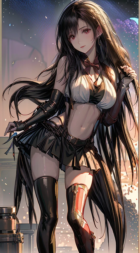 (8k、highest quality、MASTERPIECE:1.2)、(photorealistic:1.3 of 7)、Super Detailed、girl 1 person、mature、solo、(Tifa Lockheart)、(big chest)、(((huge lift clothes to show bra)))、(((black bra)))、(beautiful eyes)、(smiling:1.2)、(Closed)、erotic pose、dance、neons、street scenery、Depth Of Field、Dark and strong shadows、Sharp focus、auto、motion blur、bike、Depth Of Field、composition、Glowing green light、Final Fantasy VII, (nose blush)、Single Elbow Pad、Ankle Boots、dark black hair、toned thighs、red boots、Elbow Gloves、Elbow pads、Fingerless Gloves、Taut Shirt、sports bra、(suspenders), (Black Skirt)、thights、white tank top、All over body、head rest、Lips、Facial、Low Tai Long Hair、(red_Ojo)、Yellow flowers、(night:1.3)、Complex、Bokeh、Cinematic Lighting、Photon mapping、Radiosity、physically based rendering、(Tetsuya Nomura Style)、NSFW、Perfect Breasts