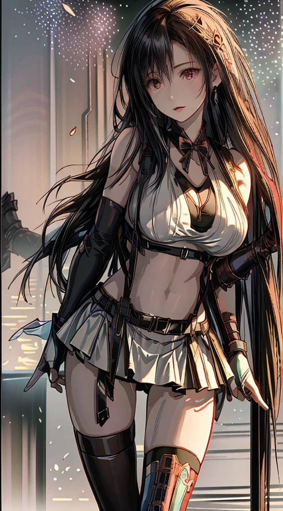 (8k、highest quality、MASTERPIECE:1.2)、(photorealistic:1.3 of 7)、Super Detailed、girl 1 person、mature、solo、(Tifa Lockheart)、(big chest)、(((huge lift clothes to show bra)))、(((black bra)))、(beautiful eyes)、(smiling:1.2)、(Closed)、erotic pose、dance、neons、street scenery、Depth Of Field、Dark and strong shadows、Sharp focus、auto、motion blur、bike、Depth Of Field、composition、Glowing green light、Final Fantasy VII, (nose blush)、Single Elbow Pad、Ankle Boots、dark black hair、toned thighs、red boots、Elbow Gloves、Elbow pads、Fingerless Gloves、Taut Shirt、sports bra、(suspenders), (Black Skirt)、thights、white tank top、All over body、head rest、Lips、Facial、Low Tai Long Hair、(red_Ojo)、Yellow flowers、(night:1.3)、Complex、Bokeh、Cinematic Lighting、Photon mapping、Radiosity、physically based rendering、(Tetsuya Nomura Style)、NSFW、Perfect Breasts