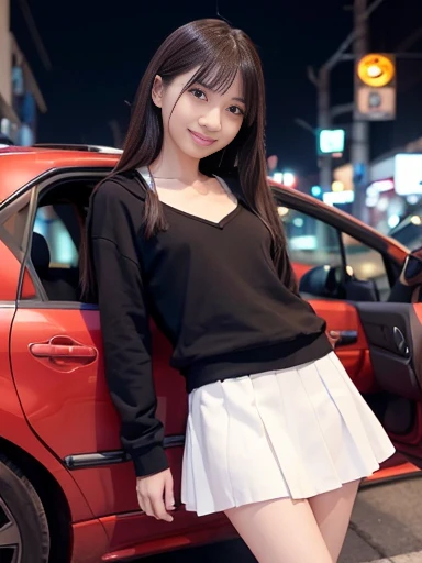 Japanese female, a lot of details, (underweight), 30 years old, detailed black hair, beautiful detailed hair, super fucking beautiful, delicate beautiful face, complex details beautiful and delicate eyes, perfect hands, (flat chest best quality:1.5), perfect and delicate limbs, detailed skin, best quality, ultra-detailed,(cheerful grin:1.5),
city, (car:1.2), mech, legs spread, making a V sign, long hair, skirt, hoodie, japanese, in the city, at midnight, cyberpunk, dark atmosphere, full body shot, front view, low angle shot