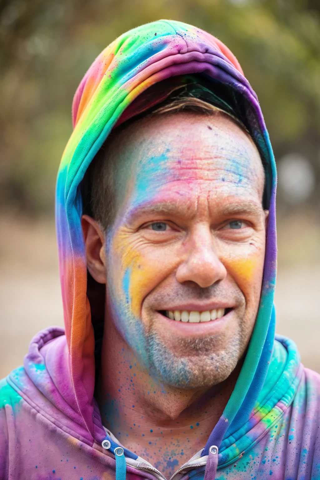 man (Todder9), wearing hoodie, looking at viewer, holi color festival, portrait, hyper detailed POV, by lee jeffries, nikon d850, film stock photograph ,4 kodak portra 400 ,camera f1.6 lens ,hyper realistic ,lifelike texture, dramatic lighting , cinestill 800
