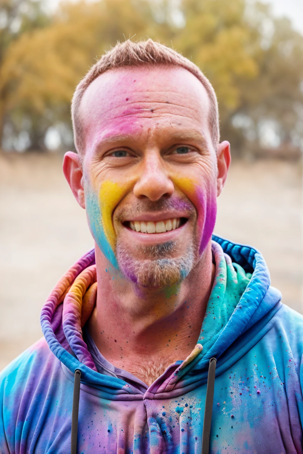 man (Todder9), wearing hoodie, looking at viewer, holi color festival, portrait, hyper detailed POV, by lee jeffries, nikon d850, film stock photograph ,4 kodak portra 400 ,camera f1.6 lens ,hyper realistic ,lifelike texture, dramatic lighting , cinestill 800