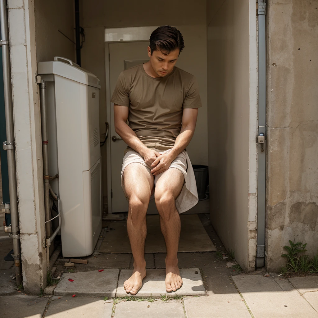 (metalstocks),sitting, bondage, shackles, ankle cuffs, hand cuffs, (spread legs), neck cuff, arm binds, ((sitting in trash)), trash, garbage, outdoor, in the morning, window, sunlight, blue sky, completely naked, (small penis), full body, bare feet, open mouth,police uniform, ,plainredballgag, muscular, black undercut hair,less stubble,handsome,detailed face, masterpiece,8k,depth of field,bokeh,detailed,homoerotic,(homoerotic),highly detailed,sharp focus,intricate,smooth,elegant,4k,8k,fantasy,cinematic lighting,cinematic,masterpiece,matte,photorealistic,beautiful,volumetric lighting,dramatic, nsfw , eroticism. 💩 , shit ,, scat , shitting , defecate