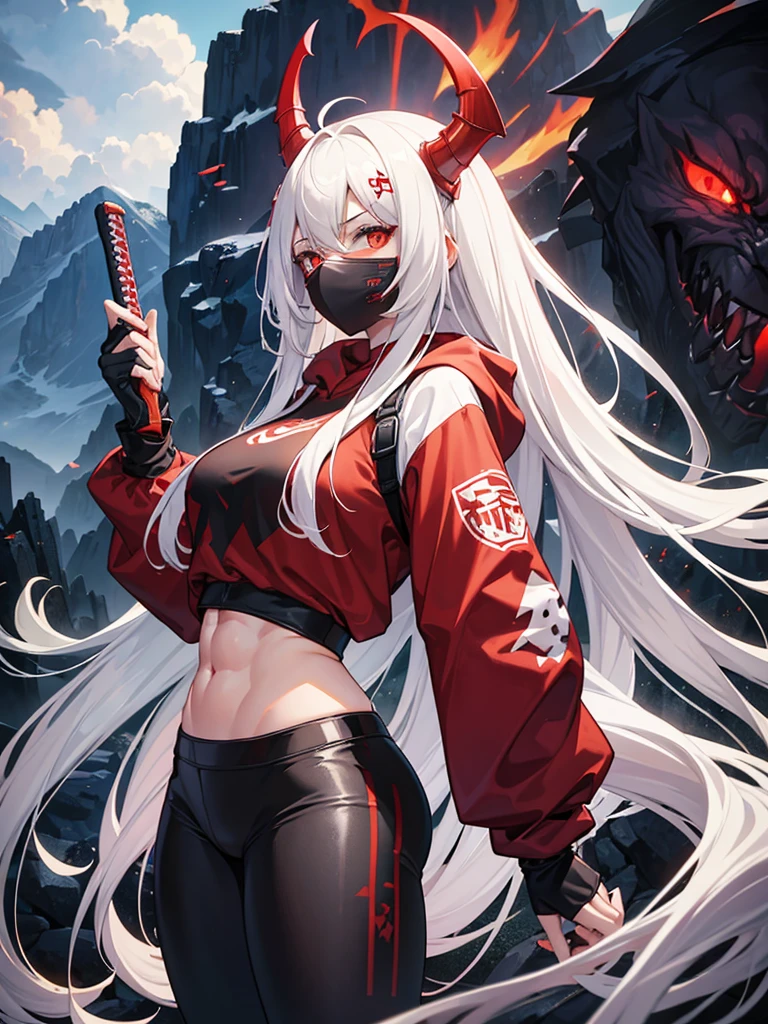 Girl , tall,long white hair , red eyes ,Big , thunder thighs, big ass, black shorts ,black demon hoodie , dark Oni face mask, swinging katana , mountain backround , looking to viewer