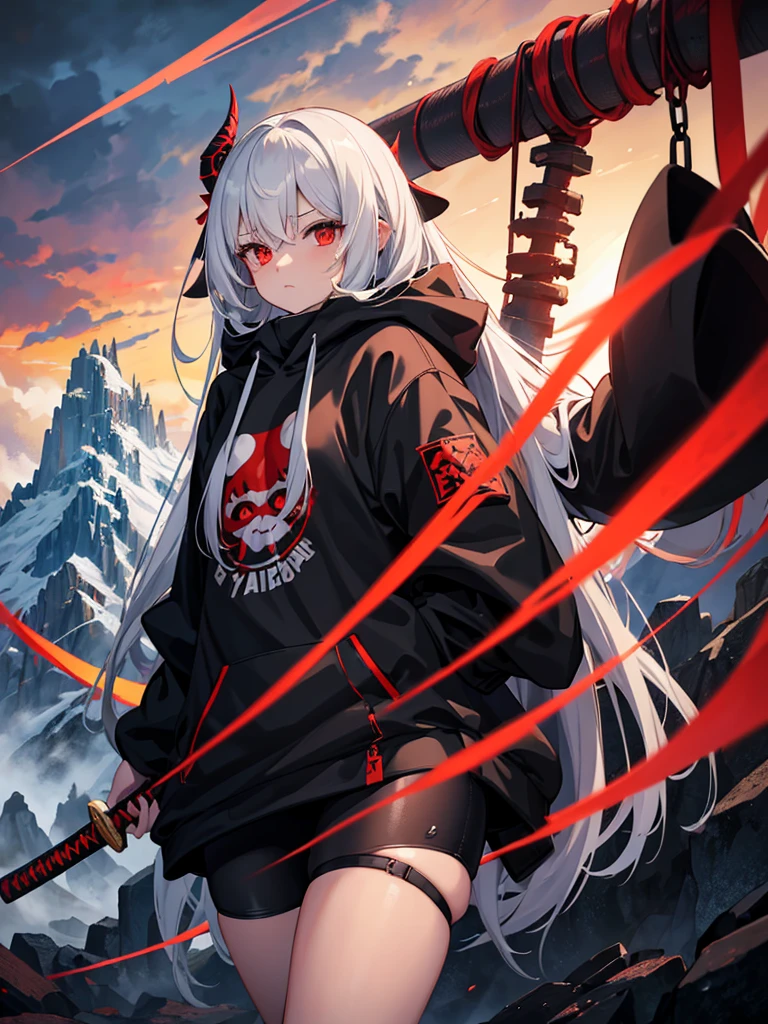 Girl , tall, long white hair , red glowing eyes ,huge ,small waist , thunder thighs,abs , big ass, black shorts ,black demon hoodie , dark Oni face mask, swinging katana , mountain backround , looking to viewer