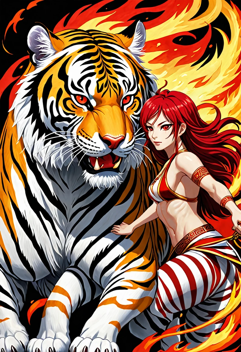 a painting of a tigre with red hair and a white tigre with red eyes, tigre_bestia, tigre of fire flying, sacred tigre, león de fuego, white tigre, por Li Kan, por Kanō Tan&#39;yū, ((tigre)), anthropomorphic tigre, Nueve colas, sakimi, hermoso arte, a tigre, cosmic tigre, tigre