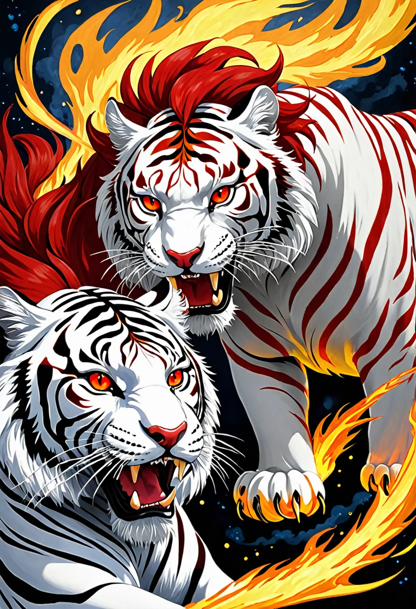 a painting of a tigre with red hair and a white tigre with red eyes, tigre_bestia, tigre of fire flying, sacred tigre, león de fuego, white tigre, por Li Kan, por Kanō Tan'yū, ((tigre)), anthropomorphic tigre, Nueve colas, sakimi, hermoso arte, a tigre, cosmic tigre, tigre