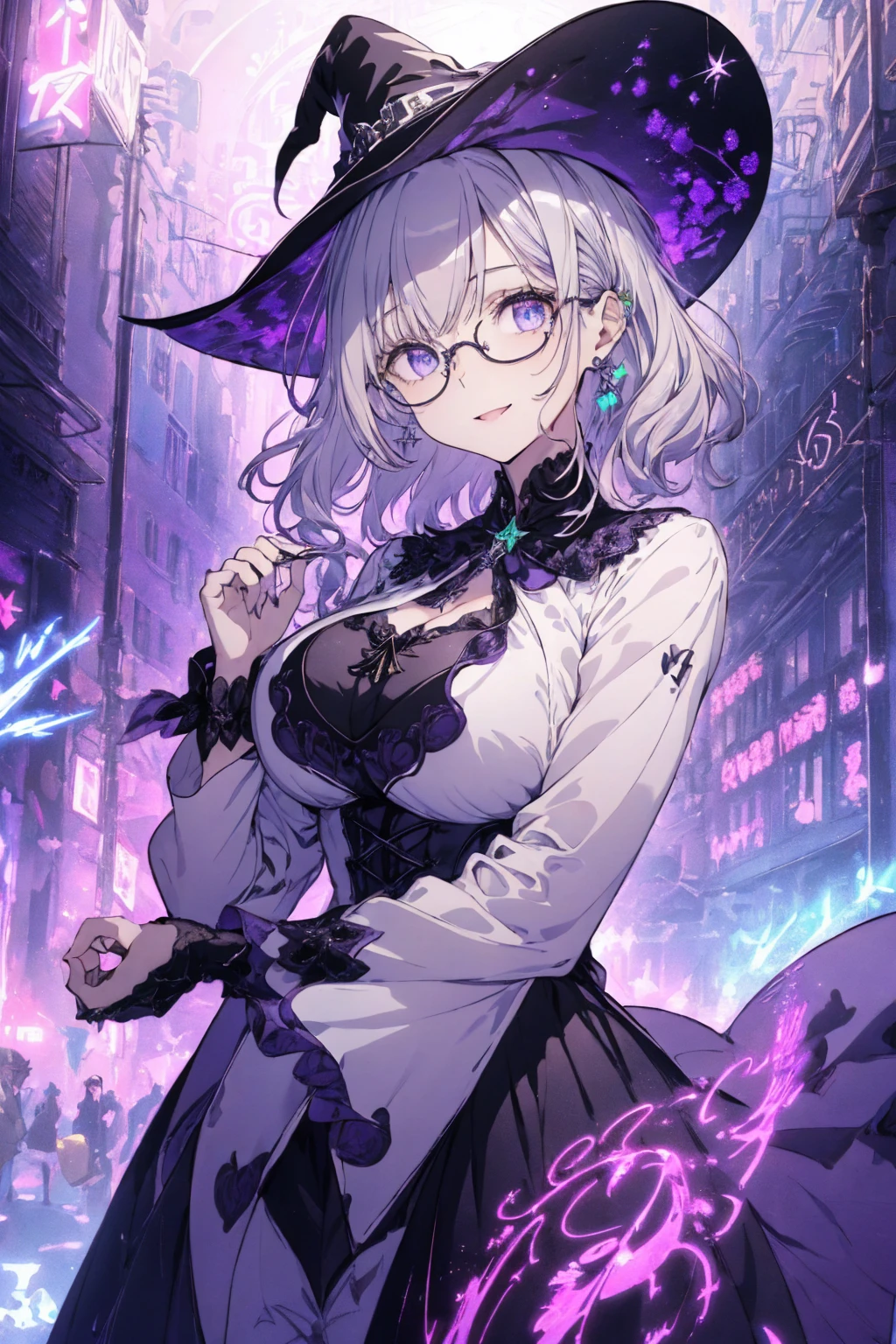(witchcraft photo:1.1,in neon downtown:1.5), Masterpiece, best quality, (very detailed CG unity 8k wallpaper), (best quality), High definition RAW color art, Animation,sculptures, (silver Marble Skin), (((Ultra detailed elegant))), Magical atmosphere, Detailed skin, Texture,(Intricately detailed, Fine detail, ultra-detail art), depth of fields, bokeh, Silky Touch, Hyper Detail, beautiful eyes, Elegant Face, (ローブ, hands up), sparkle background, (silver hair), pastel purple, fat, shorthair, dress, フリル, witchcraft hat, Round Glasses:1.4, enormous breast, リボン, kawaii smile