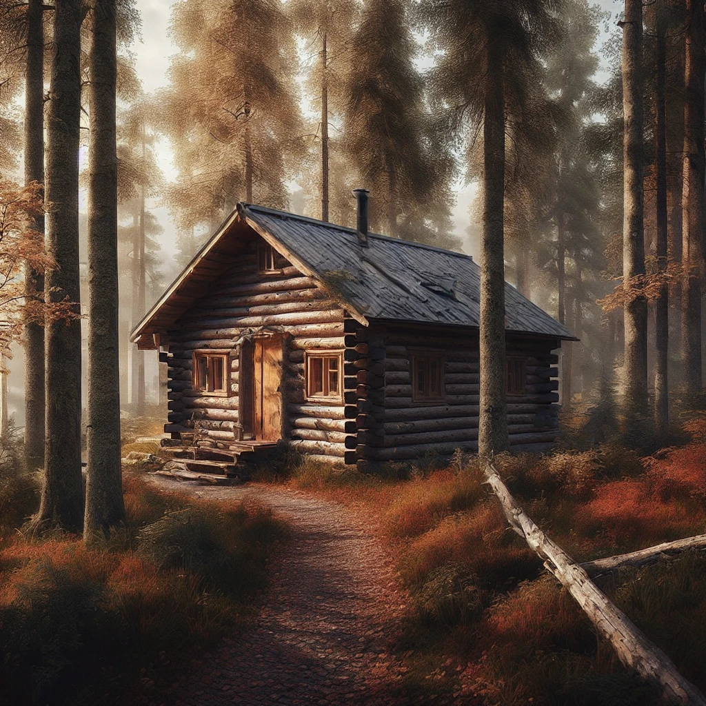 there is a cabin in the woods with a path leading to it, solitary cottage in the woods, cottage in the forest, cottage in the woods, cabin in the woods, house in forest, the small house in the forest, cabin, house in the wood, max rive, the house in the forest, by Jesper Ejsing, by Franz Hegi, autumn tranquility