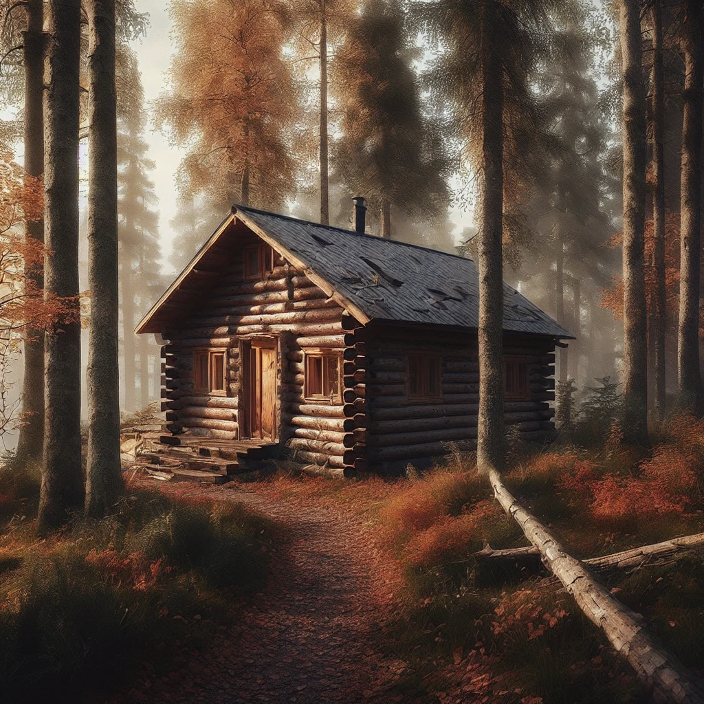 there is a cabin in the woods with a path leading to it, solitary cottage in the woods, cottage in the forest, cottage in the woods, cabin in the woods, house in forest, the small house in the forest, cabin, house in the wood, max rive, the house in the forest, by Jesper Ejsing, by Franz Hegi, autumn tranquility