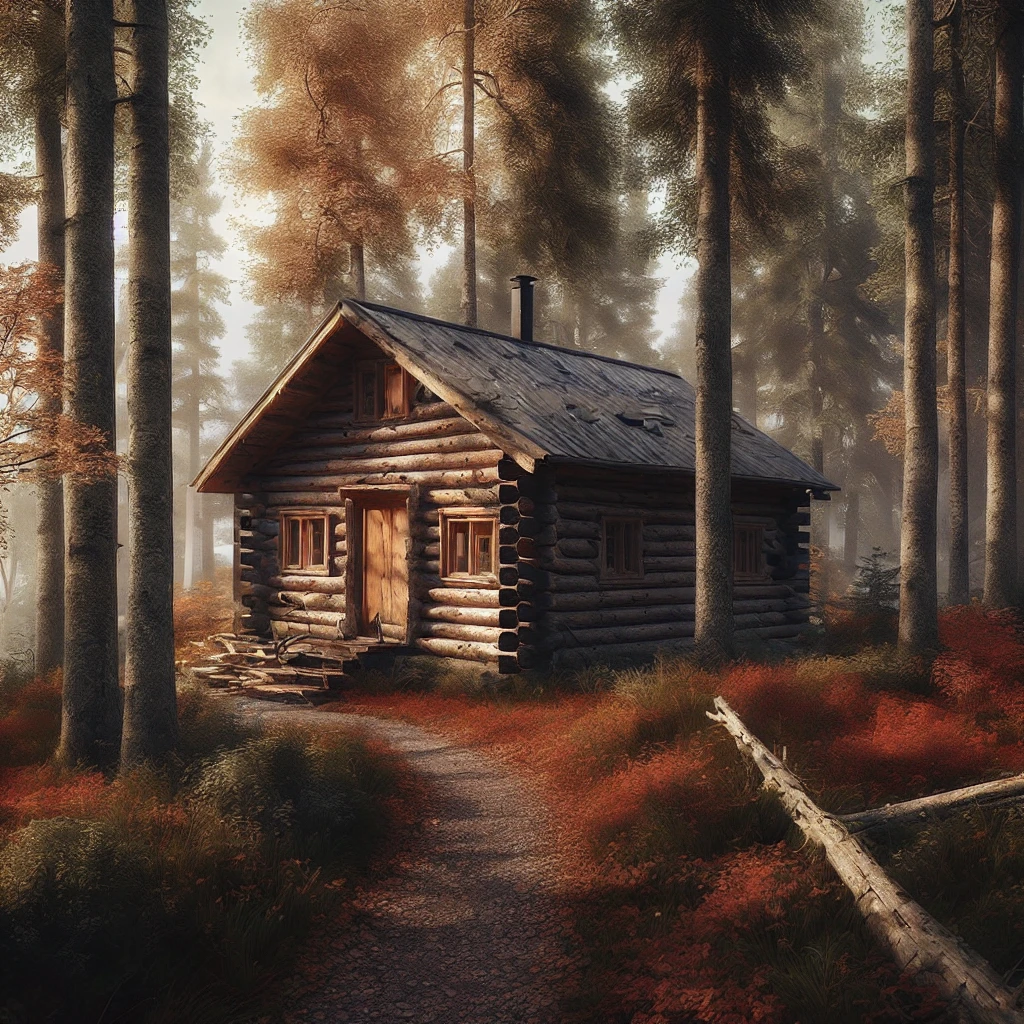 there is a cabin in the woods with a path leading to it, solitary cottage in the woods, cottage in the forest, cottage in the woods, cabin in the woods, house in forest, the small house in the forest, cabin, house in the wood, max rive, the house in the forest, by Jesper Ejsing, by Franz Hegi, autumn tranquility