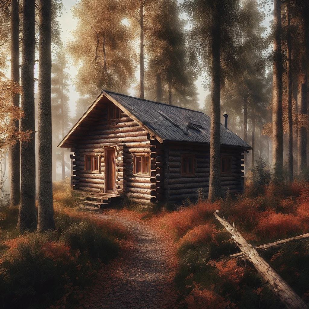 there is a cabin in the woods with a path leading to it, solitary cottage in the woods, cottage in the forest, cottage in the woods, cabin in the woods, house in forest, the small house in the forest, cabin, house in the wood, max rive, the house in the forest, by Jesper Ejsing, by Franz Hegi, autumn tranquility