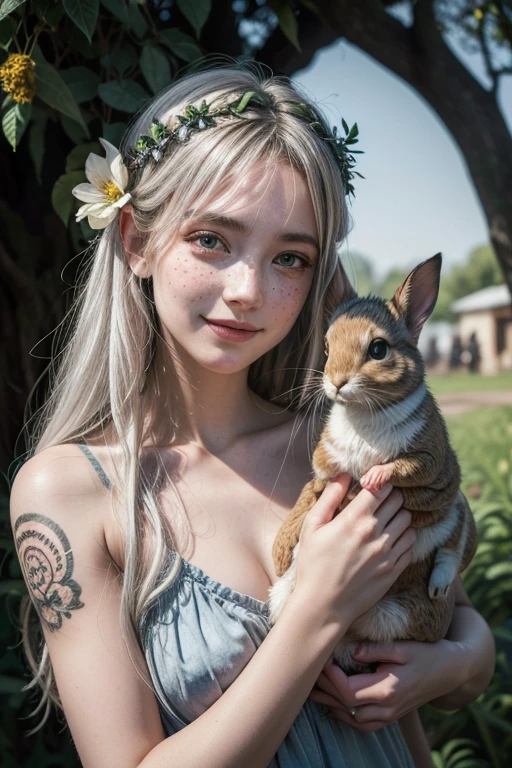 goddess Gaia, tattoo style, holding a rabbit, branches, ipê flower, birds, watercolor, freckles, silver hair, hair flower, light smile, rococo style, chiaroscuro, highres