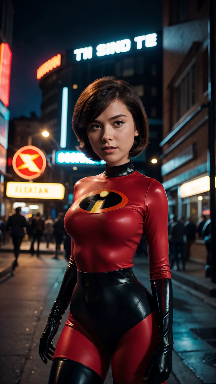 Masterpiece, (photorealistic1.4),Best quality, (solo), (1girl on night street)), (epiCRealLife), (lora:epiCFlashPhoto), (photorealistic1.4), (night scene), (night sky), (Helen Parr latex costume), (dakojohnold ), black elbow gloves), (black thighhigh), (Helen Parr bodysuit), (helen parr thighhigh) (helen parr short hair), (Helen Parr hairstyle), (outside patio), (1girl), (look at viewer), (demure), (spot light), (flashphoto, flash photography), (night time), (at night), (f/2.8), (cowboy shots), (close up upper body shot), (from front), (new york night street), (neon signs), (from front), (pose for pictures), 