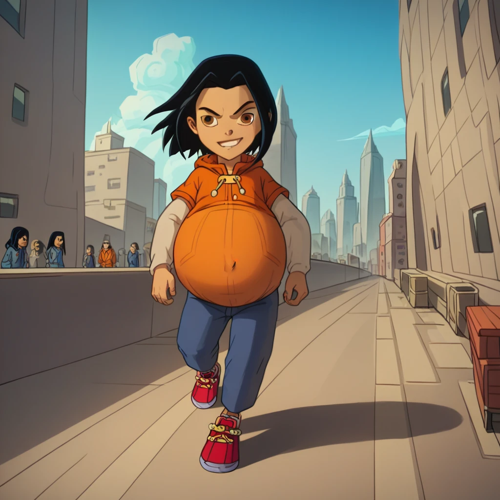 score_9, score_8_up, score_7_up, semirealistic girl walking on bridge, , smirking jadechan, short black hair, solo, brown eyes, wind, 1girl, orange hoodie, long white sleeves, blue pants, sneakers, city in the background, clear sky, hyper-pregnant, short stature, elementary school student 