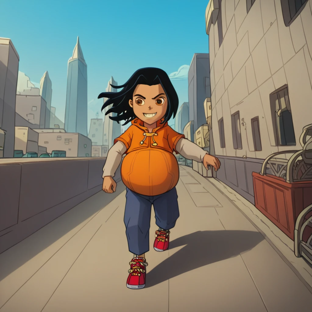 score_9, score_8_up, score_7_up, semirealistic girl walking on bridge, , smirking jadechan, short black hair, solo, brown eyes, wind, 1girl, orange hoodie, long white sleeves, blue pants, sneakers, city in the background, clear sky, hyper-pregnant, short stature, elementary school student 