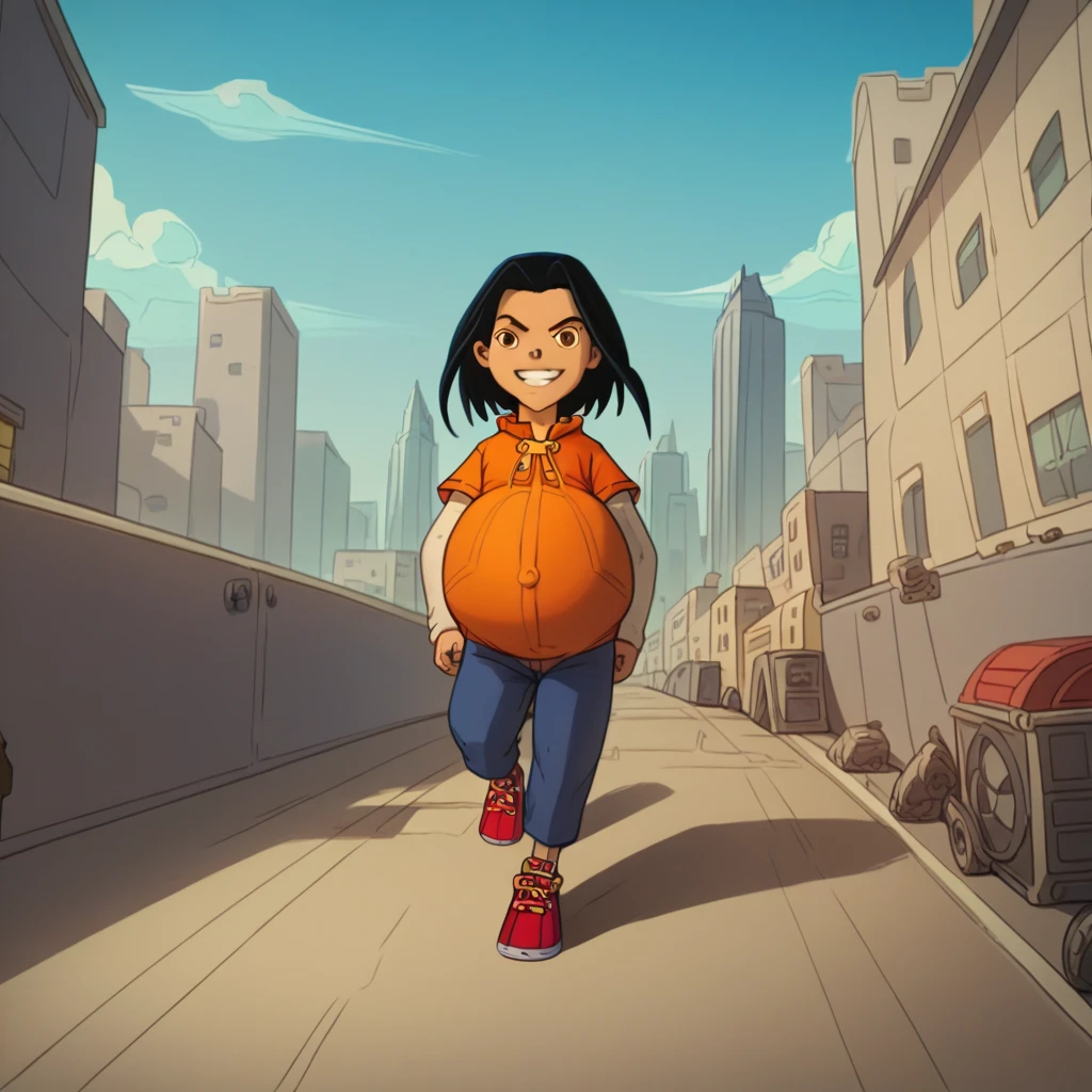 score_9, score_8_up, score_7_up, semirealistic girl walking on bridge, , smirking jadechan, short black hair, solo, brown eyes, wind, 1girl, orange hoodie, long white sleeves, blue pants, sneakers, city in the background, clear sky, hyper-pregnant, short stature, elementary school student 