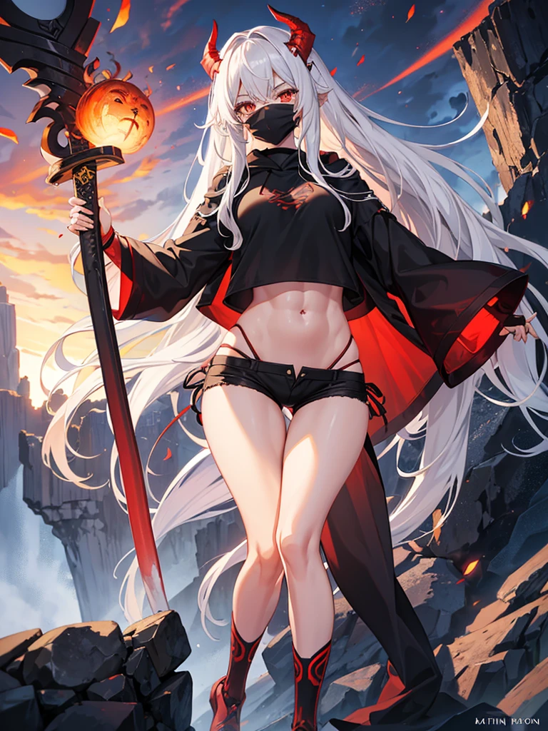 Girl , tall, long white hair , red glowing eyes ,huge ,small waist , thunder thighs,abs , big ass, black shorts ,black demon hoodie , dark Oni face mask, swinging katana , mountain backround , looking to viewer