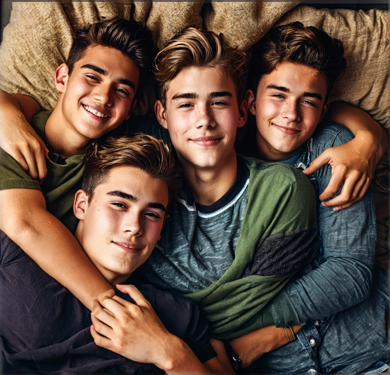 3 different cute male teenagers cuddling together