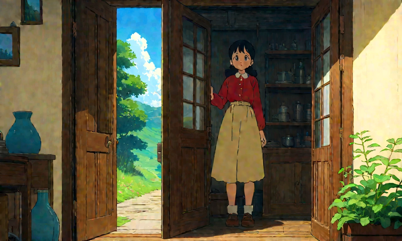 Studio Ghibli-style anime movies, Movie stills, Highest quality, masterpiece, Representative works, Official Art, Professional, Super intricate details, 8K,There is a cat、relax、Inside the room、I can see outside、Beautiful blue sky