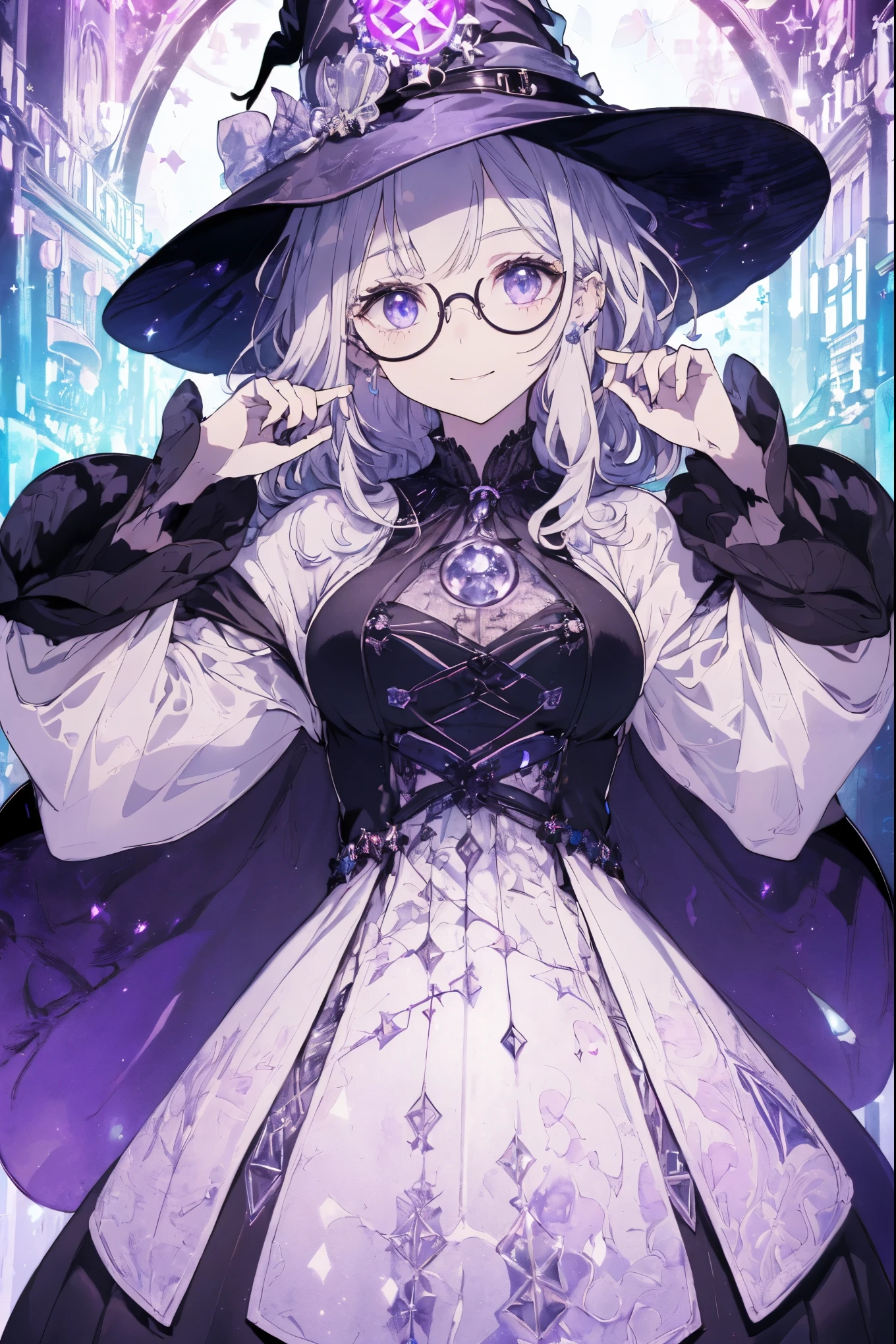 (witchcraft photo:1.1,in neon downtown:1.5), Masterpiece, best quality, (very detailed CG unity 8k wallpaper), (best quality), High definition RAW color art, Animation,sculptures, (silver Marble Skin), (((Ultra detailed elegant))), Magical atmosphere, Detailed skin, Texture,(Intricately detailed, Fine detail, ultra-detail art), depth of fields, bokeh, Silky Touch, Hyper Detail, beautiful eyes, Elegant Face, (ローブ, hands up), sparkle background, (silver hair), pastel purple, fat, shorthair, dress, フリル, witchcraft hat, Round Glasses:1.4, enormous breast, リボン, kawaii smile