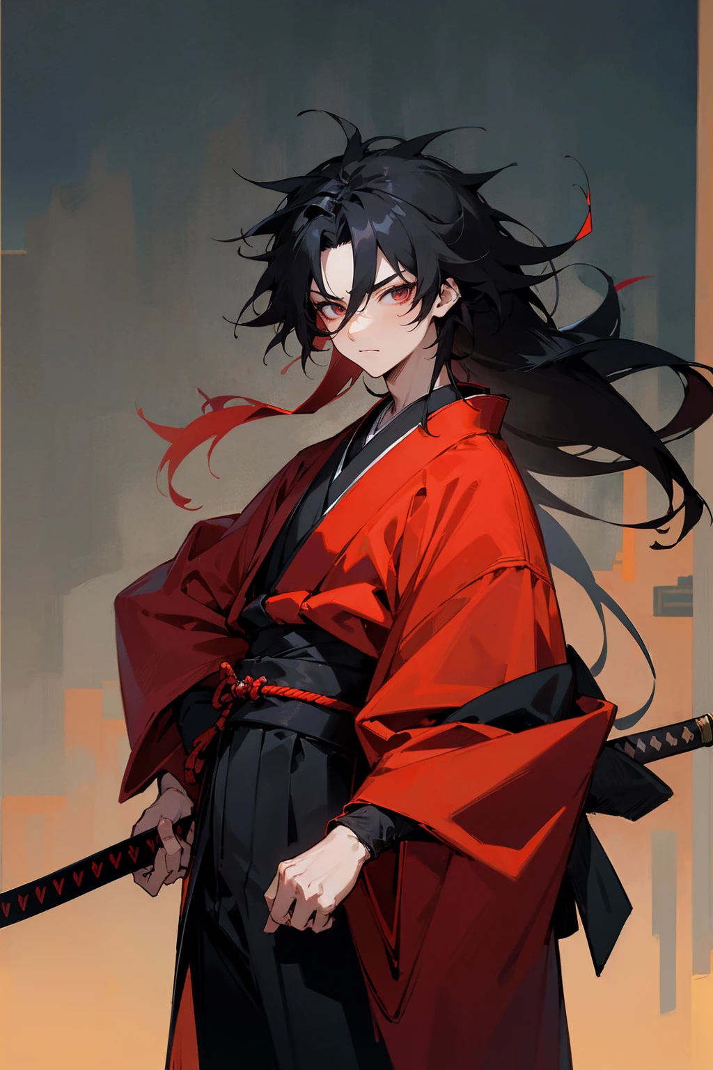Masterpiece Quality, Perfect Generation, , Detailed Eyes, , Red And Black Long Spiky Messy Hair, Black And Red Haori, Bored Expression,, , , Standing, Facing Viewer, Male, , Clothed, Kimono, Night, Teen, Long Black Hair, Sheathed Katana on hip, Japanese Building, Japanese Building Background, 