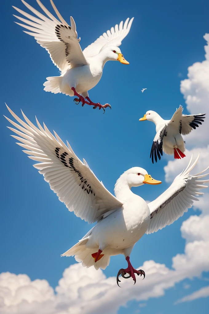 Imagine a white duck with red eyes, its plumage completely white, contrasting sharply with your vibrant eyes. He is vigorously flapping his wings against a black and white hawk. The hawk, which is black with white spots, tries to defend itself with its claws and beak, but is clearly at a disadvantage. Both birds are in the air, with feathers flying around, while the background is a clear blue sky, maybe with some scattered clouds.