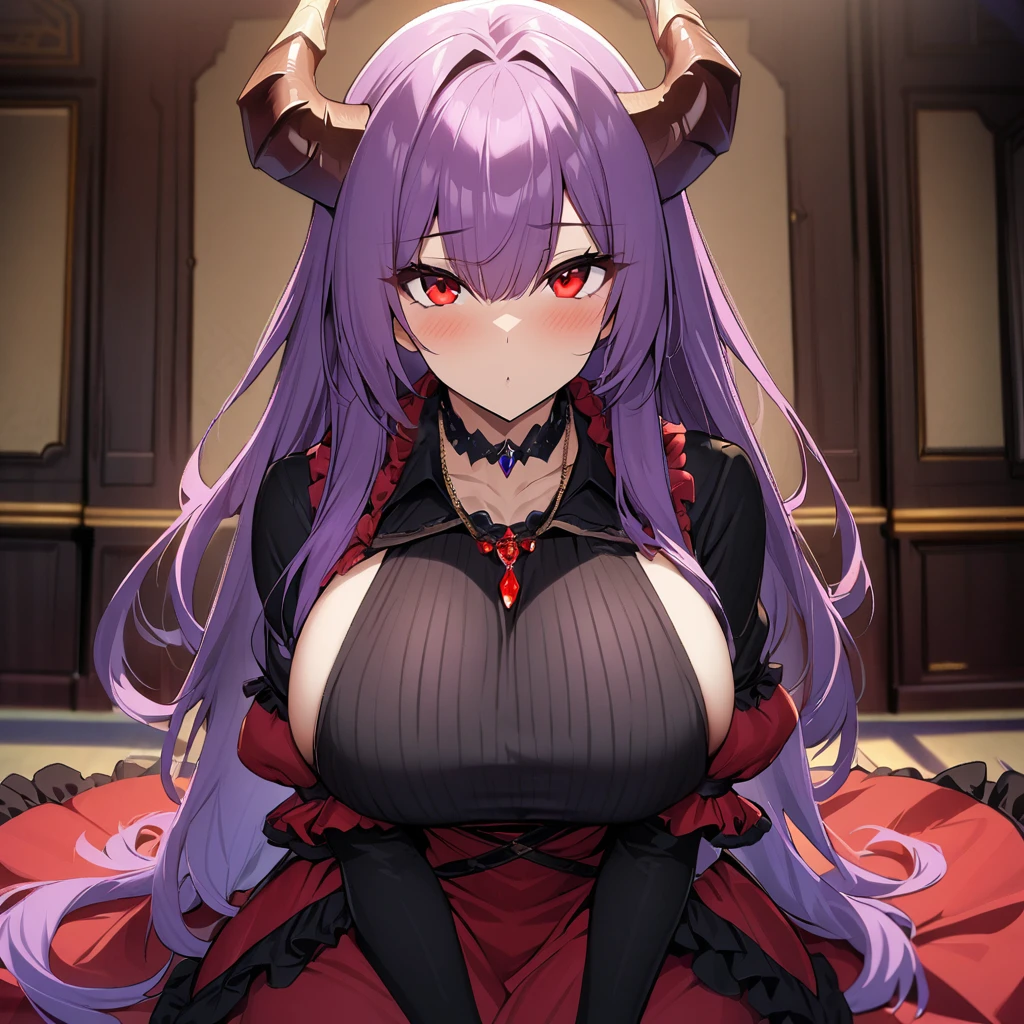 1girl,solo,Females in heat,purple hair color,long hair,dragon's horn, red eyes,red Lolita dress,Gorgeous necklace,super huge breasts,slender,condescending look,looking at viewer,super very near,in gorgeous room