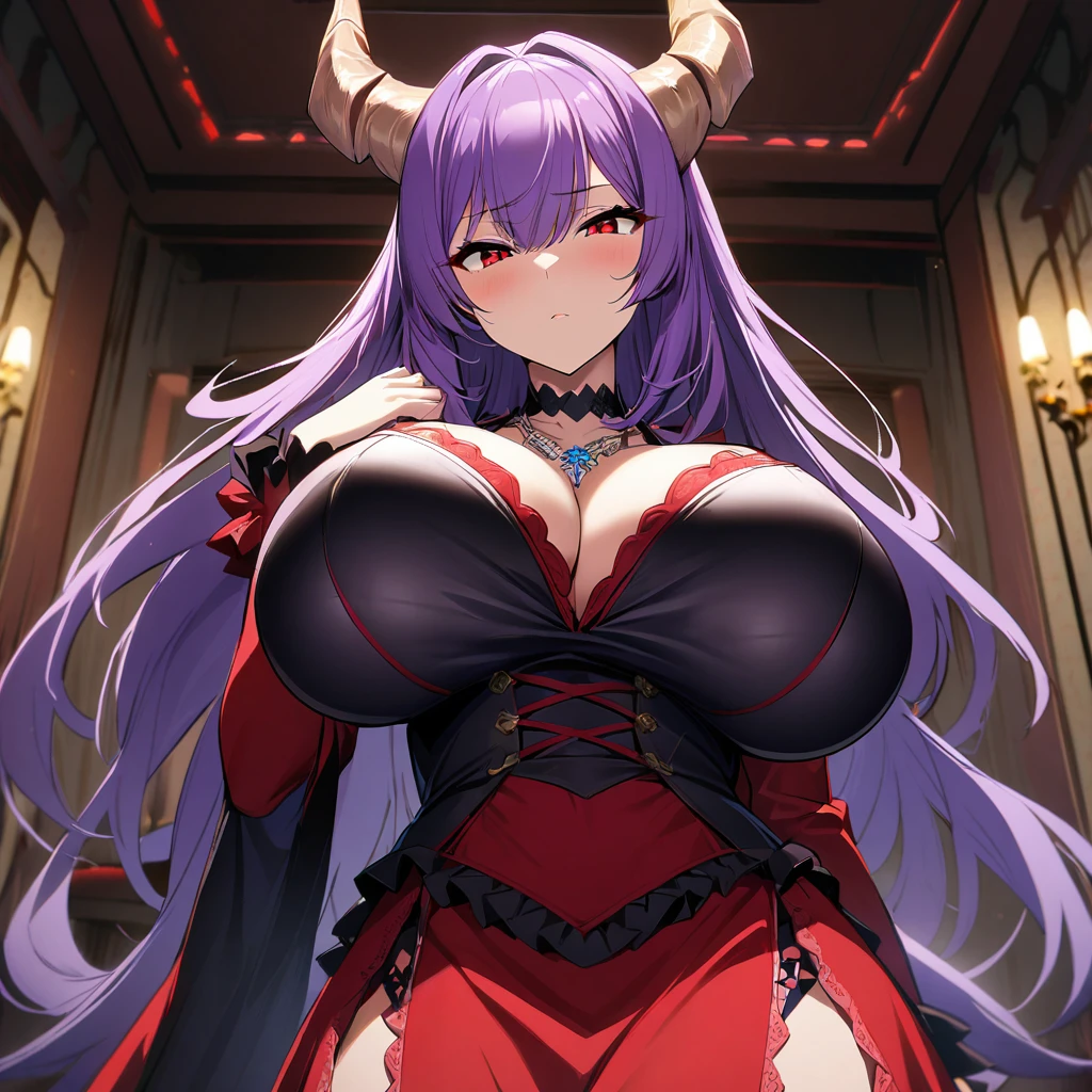 1girl,solo,Females in heat,purple hair color,long hair,dragon's horn, red eyes,red Lolita dress,Gorgeous necklace,super huge breasts,slender,condescending look,looking at viewer,super very near,in gorgeous room