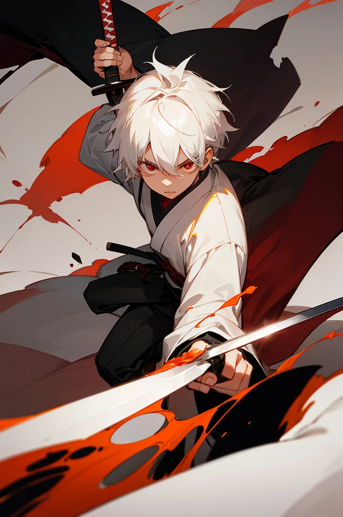1boys,cabelos preto e longos,Red-eyed age man,Stand on an empty street at night,extreme hight detail,White jacket,Black Hakama,Aoba Ori,Holding a huge blood-colored weapon in one hand,A Japanese style,Intimidating,Engulfed in flames、Sword,wall-paper,CG compositing,Japan best swordsman、action