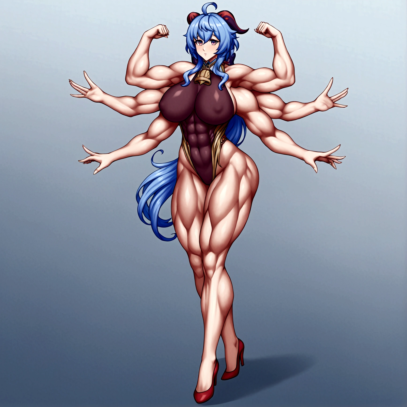 Ganyu, 8 detailed octopus legs, detailed ganyu outfit, muscular body, big breasts, 4 arms, full body.