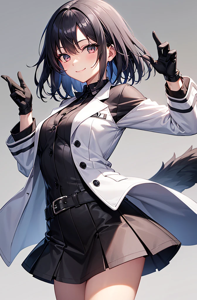 girl,silver eyes ,black hair, short black skirt, White jacket, black gloves, Little smile, 