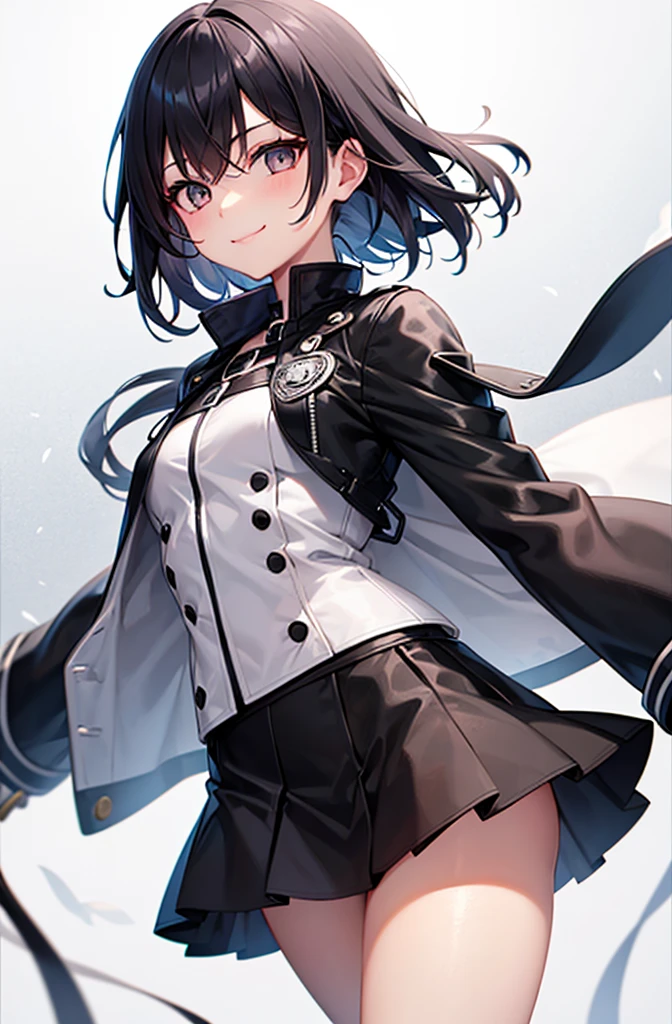 girl,silver eyes ,black hair, short black skirt, White jacket, black gloves, Little smile, 